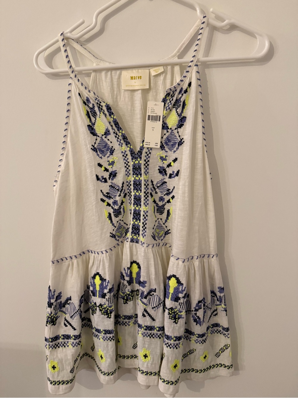 NWT Maeve Neela White Embroidered V-Neck Sleeveless Babydoll Top Women’s Size S